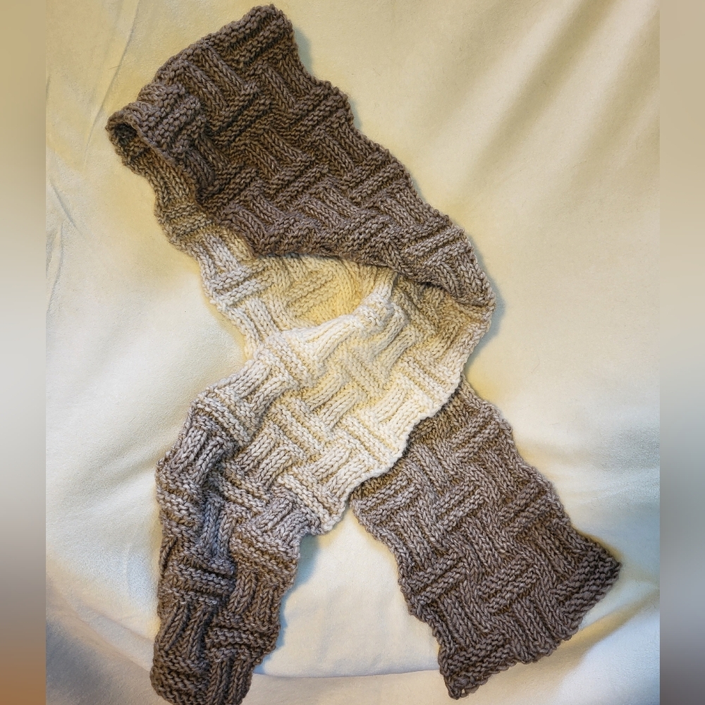 Hand crafted beautifully textured hand knit cream and mocha hombre scarf